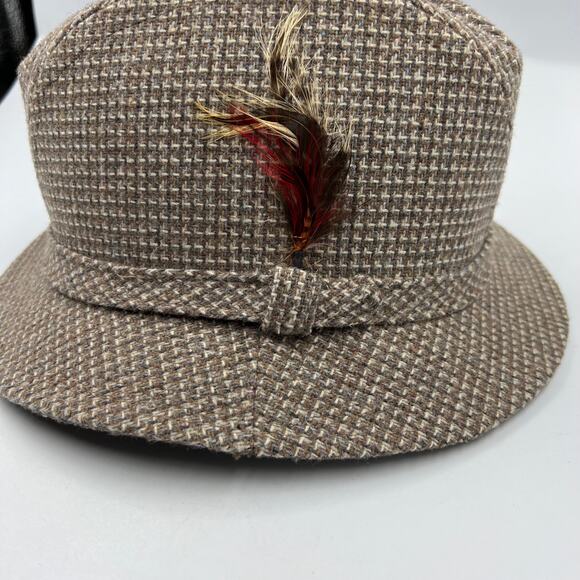 Vintage Botany 500 Houndstooth Wool Fedora Hat Feather Detail Sherlock Holmes - Picture 10 of 11